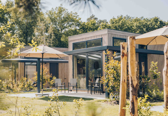 Außenaufnahme der Reeëndal Lodge mit moderner Holzfassade, großen Fenstern und Sonnenschirmen im Garten.