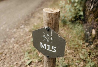Wegmarkierungsschild mit der Aufschrift 'M15' an der Nokken NKN-18 Cabin in Wilsumer Berge, Deutschland.