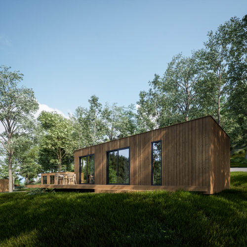 Eco Lodge moderna in legno con grandi finestre e terrazza, circondata da una foresta verde lussureggiante.