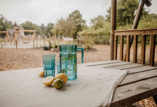 Udendørs bord med blå kande, glas og citrusfrugter foran safari-telt ved Veluwepark de Bosgraaf.