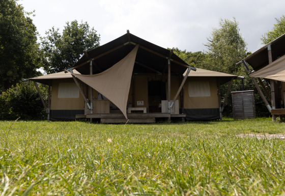 Safari House safari-telt omgivet af grønt græs og træer, set forfra med åben himmel og skyggefuld markise.