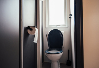 Badeværelse med toilet, sort toiletsæde, toiletpapir og børste, på Loggia Wood, Eurocamping Vessem BV, Holland.
