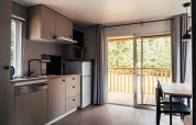 Modern lodge kitchen interior with sliding doors to a wooden deck, Loggia Wood, Eurocamping Vessem, Netherlands.
