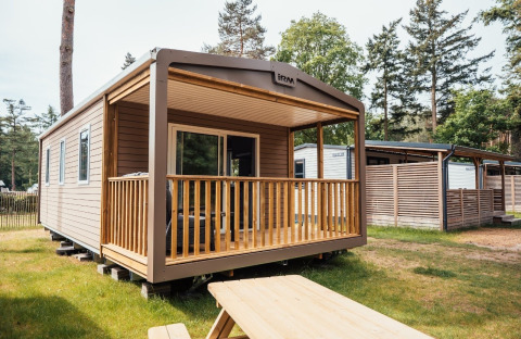 Holzhütte im Loggia Wood mit überdachter Veranda und Sitzbereich, umgeben von grünen Bäumen.