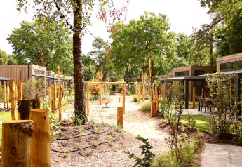 Udendørs billede af moderne lodges omgivet af træer og planter med gangstier og solrige terrasser.