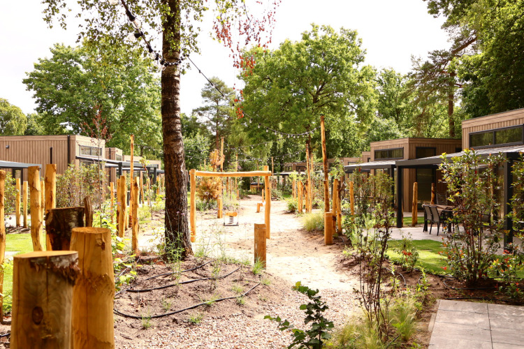 Modern lodges with outdoor seating, wooden posts, paths, and lush trees in a peaceful natural setting.