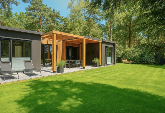 Modern Forest Lodge with wooden terrace, sun loungers, and lush lawn surrounded by tall green trees.