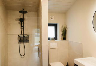 Moderne badkamer met douche, toilet, zwarte kranen en decoratie in Panorama Lake House Scandi bij Wilsumer Berge, Duitsland.