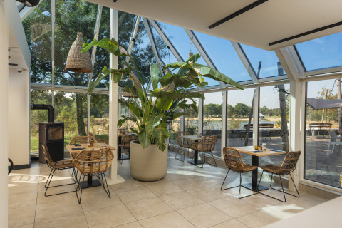 Lichte glampingaccommodatie met veel glas, tropische plant en rieten stoelen in gezellige sfeer.