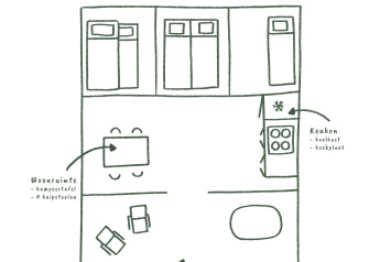 Handgetekend grondplan van een lodgetent met slaapplaatsen, keuken, leefruimte en veranda.