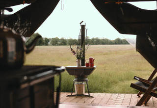 Uitzicht vanuit een tent bij Feather Down De Appelsche met veldbloemen, koffiepot en weilanden in Friesland.