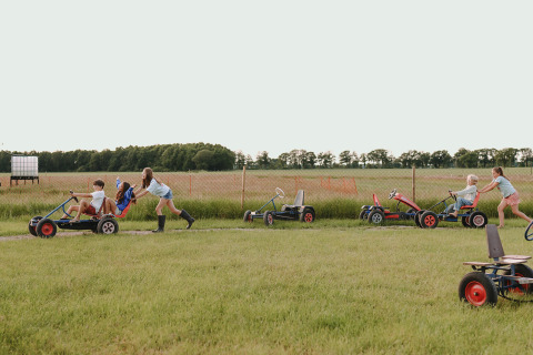 Niños y adultos montan y empujan karts en un campo verde en Feather Down De Appelsche, un parque de vacaciones en Frisia.