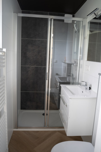 Baño moderno con ducha, lavabo y retrete en Bos Cottage, De Thijmse Berg, Países Bajos.