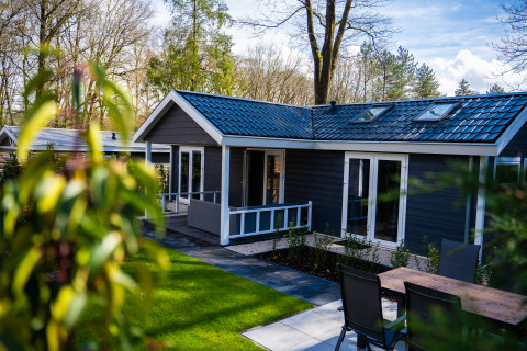 Billede af Heuvelrug Cottage + hot tub, omgivet af træer og udendørs siddeplads på en solrig dag.