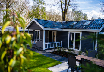 Außenansicht der Heuvelrug Cottage + Hot Tub mit Terrasse und Garten, umgeben von Bäumen und Natur.