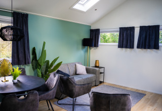 Sala moderna en Heuvelrug Cottage con sofá, mesa de comedor, pared verde y ventanas en De Thijmse Berg, Países Bajos.