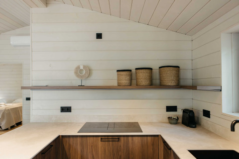 Moderne cabinakeuken bij Hill Top Scandi met Sauna in Wilsumer Berge, Duitsland, met houten accenten.