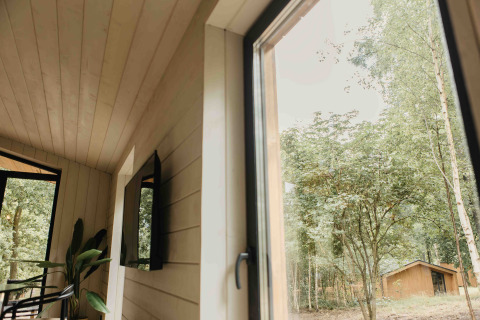 Interieur van Hill Top Scandi met Sauna bij Wilsumer Berge in Duitsland, zicht op raam en boshut.