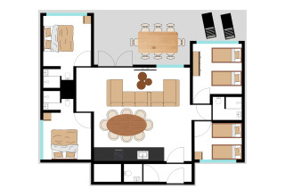 Grundriss der Forest Lodge im Holiday Park BreeBronne, Niederlande, mit Schlafzimmern, Küche und Wohnbereich.