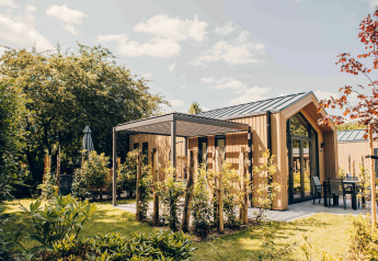 Moderna tiny house Tiny Lodge con terrazza e vasca idromassaggio a Veluwepark de Bosgraaf, Paesi Bassi.