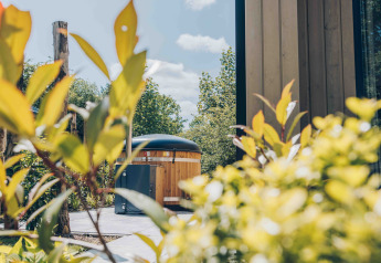 View of a tiny lodge with a hot tub at Veluwepark de Bosgraaf in the Netherlands, surrounded by greenery.