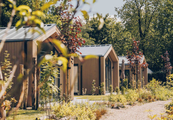 Kleine Hütten entlang eines Kieswegs im Grünen im Tiny Lodge mit Whirlpool im Veluwepark de Bosgraaf, Niederlande.