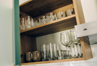 Armario abierto en una tiny house con vasos, copas de vino y tazas organizados cuidadosamente en estantes.