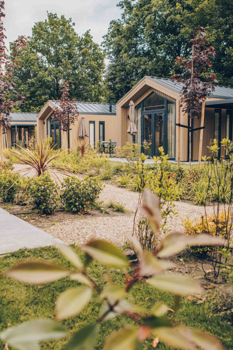 Accogliente Tiny Lodge con vasca idromassaggio al Veluwepark de Bosgraaf nei Paesi Bassi, immersa nel verde.