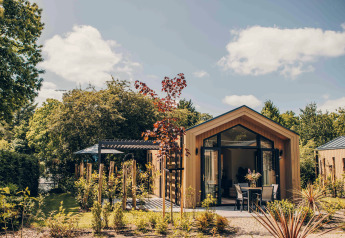 Tiny Lodge con vasca idromassaggio al Veluwepark de Bosgraaf, Paesi Bassi, immerso tra alberi e giardino.