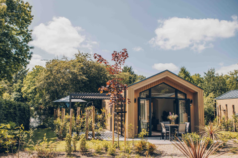 Tiny Lodge med spabad i Veluwepark de Bosgraaf, Holland, omgivet af frodige træer og en hyggelig have.