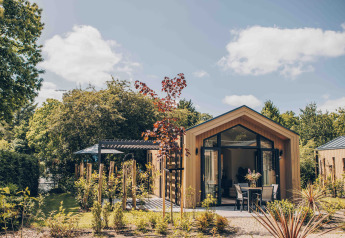 Tiny Lodge con vasca idromassaggio al Veluwepark de Bosgraaf, Paesi Bassi, immerso tra alberi e giardino.