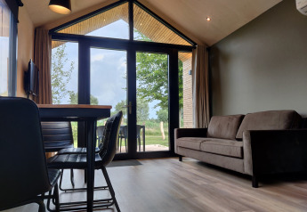Living area in Tiny House XL with large windows, sofa, and table at Holiday park Eigen Wijze, Netherlands.