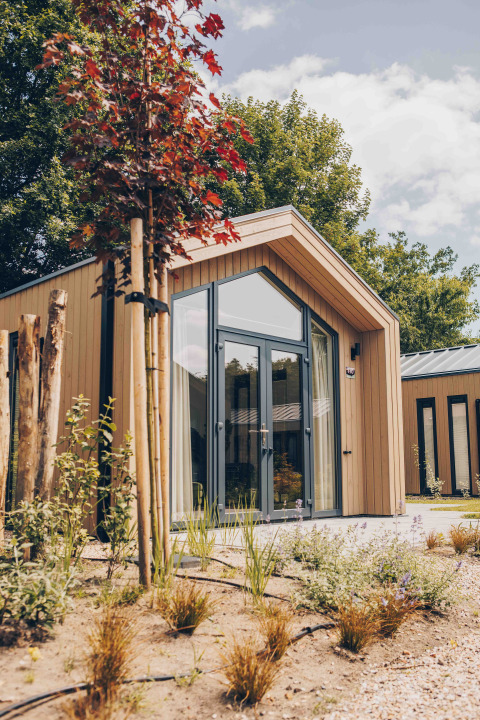 Tiny Lodge met grote ramen, lichte gevelbekleding, tuin met planten en bomen op een zonnige dag.