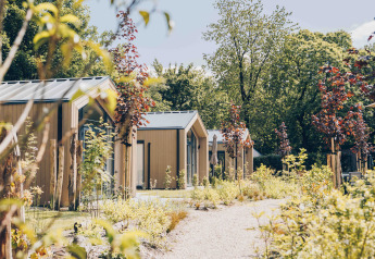 Tiny Lodge with hot tub at Veluwepark de Bosgraaf in the Netherlands, surrounded by green trees and plants.