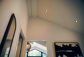 Decoración moderna en la Tiny Lodge con techos altos y obra de arte en Veluwepark de Bosgraaf, Países Bajos.