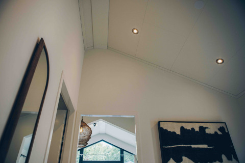 Modern interieur in de Tiny Lodge met hoog plafond en kunst bij Veluwepark de Bosgraaf, Nederland.