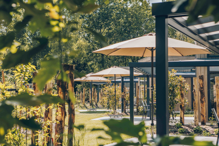 Buitenterras van een lodge met parasols, groene beplanting en moderne zitplaatsen op een zonnige dag.