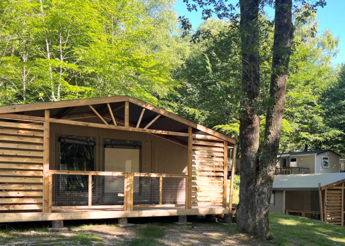 Tienda safari Cotton Flower Canvas Lodge Comfort rodeada de árboles verdes y naturaleza en el bosque.