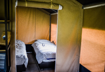 Binnenzicht van een safaritent met twee eenpersoonsbedden en beddengoed onder natuurlijk licht.
