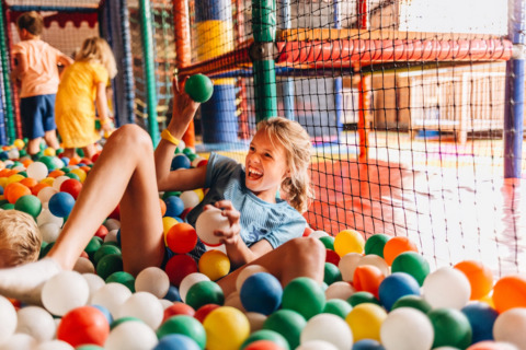 Kinderen spelen vrolijk in een kleurrijke ballenbak, een hoogtepunt van vakantiepark Beerze Bulten.