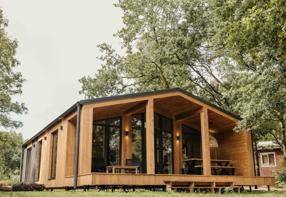 Moderne houten lodge Hill Top Scandi met Sauna met ruim terras, midden in groene bomen.