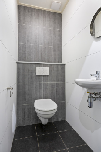 Modernes, minimalistisches WC mit Wandtoilette und kleinem Waschbecken in De Thijmse Berg, Niederlande.