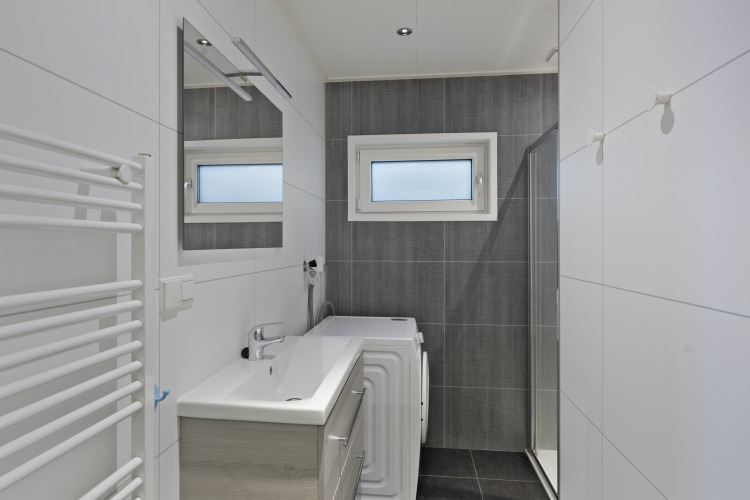 Modernes Badezimmer mit Waschbecken, Spiegel, Waschmaschine und Dusche in einer Lodge bei De Thijmse Berg, Niederlande.
