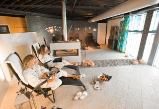 Twee vrouwen ontspannen in een wellnessruimte met ligstoelen, open haard, fruit en drinken bij Beerze Bulten.