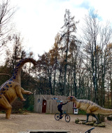 Een fietser poseert tussen twee grote dinosaurussen in een bosrijk gebied nabij Echternacherbrück, Duitsland.