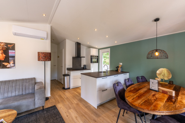 Bright, modern family lodge interior with dining area, kitchen, and green feature wall at De Thijmse Berg, Netherlands.