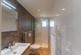 Baño moderno con ducha, inodoro y lavabo en Family Lodge + hot tub en De Thijmse Berg, Países Bajos.