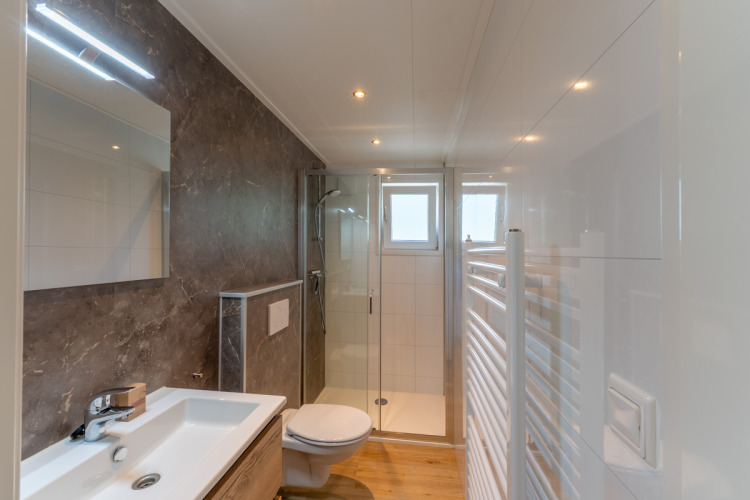Modern bathroom with shower, toilet and sink in Family Lodge + hot tub at De Thijmse Berg in the Netherlands.