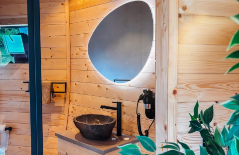 Baño moderno con paneles de madera, lavabo de piedra y espejo singular en Wellnest, Camping Vinkenhof, Países Bajos.