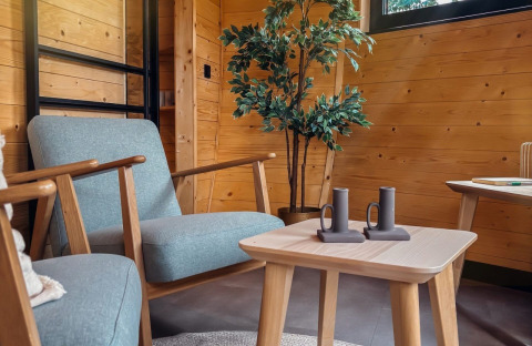 Acogedora sala en Wellnest, Camping Vinkenhof, Países Bajos, con paredes de madera y decoración moderna.